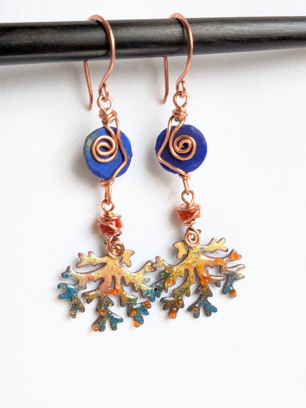 Colorful Coral Branch Earrings with Blue Lapis Lazuli Gemstone And Spiny Oyster